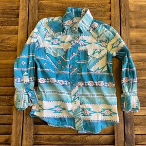 Kids Aztec Retro Pattern Button Down Shirt - Small Teal and Pink Ruffle